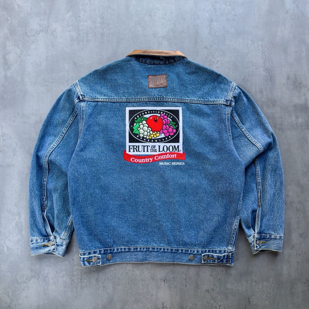 Vintage 90s Fruit of the Loom Country Comfort Denim Jacket Leather Collar L